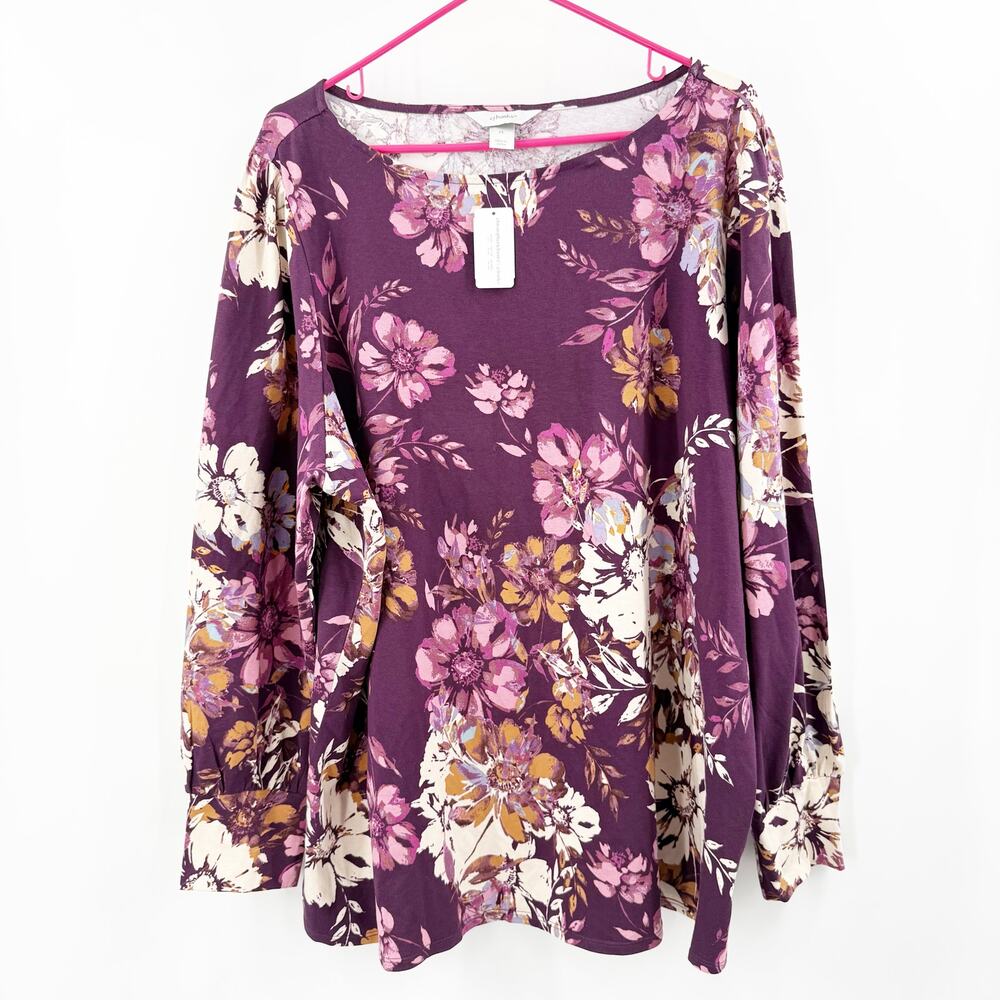 CJ Banks Blouse Women's Size 2X NWT purple floral long sleeves V-neck Plus Curvy